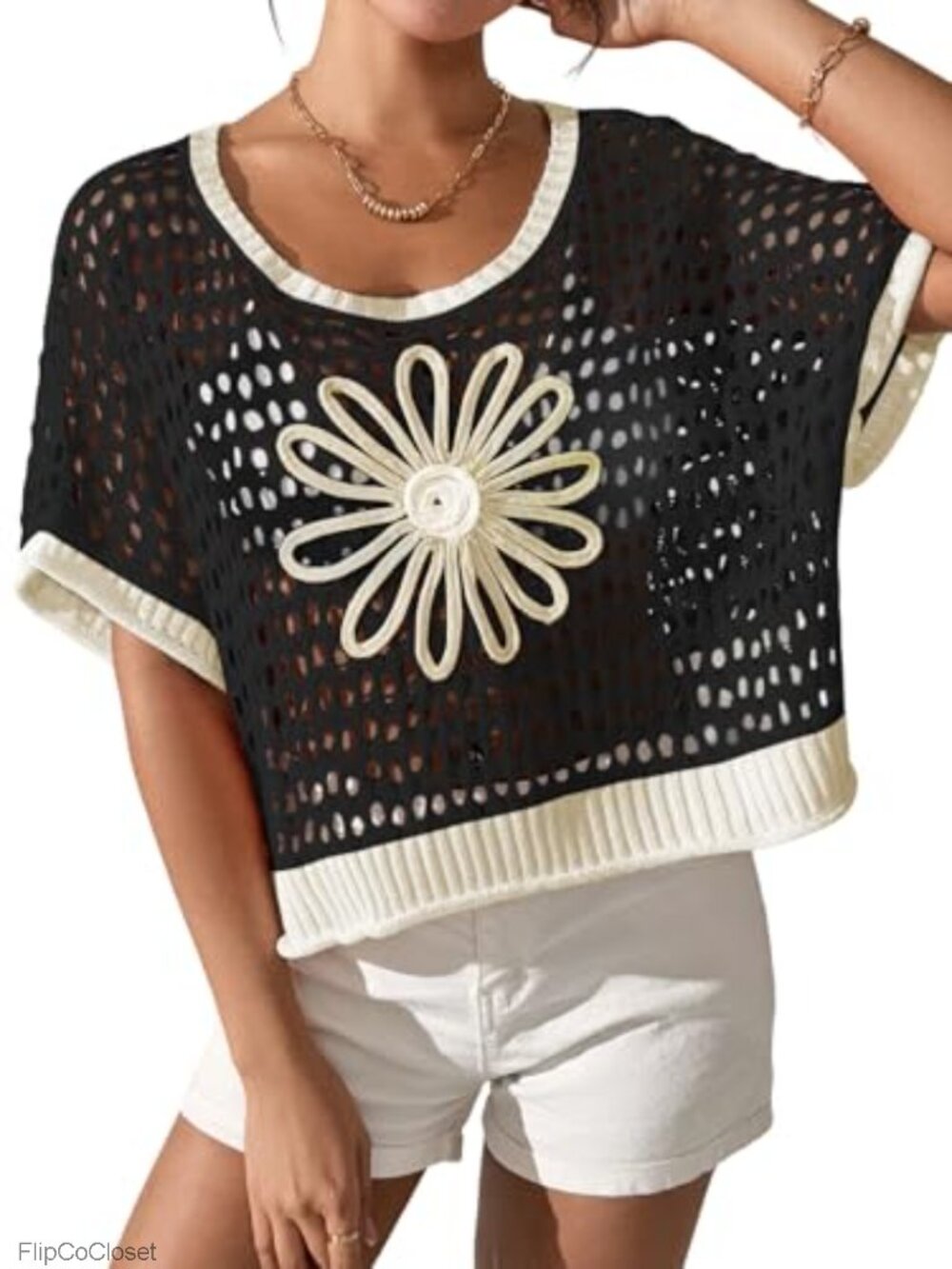 Crochet Knit Boho Off Shoulder Half Sleeve Swim Cover Up Top